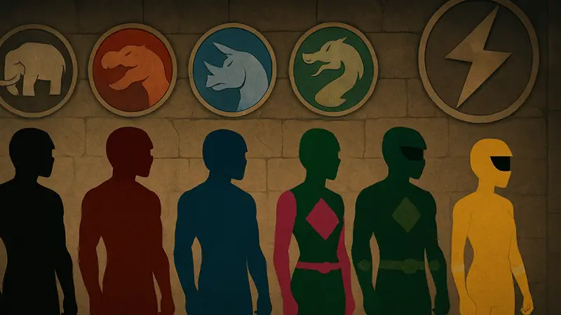 Рейтинг цветов Могучих рейнджеров, костюмы разных оттенков, их эмблемы и символы команды.