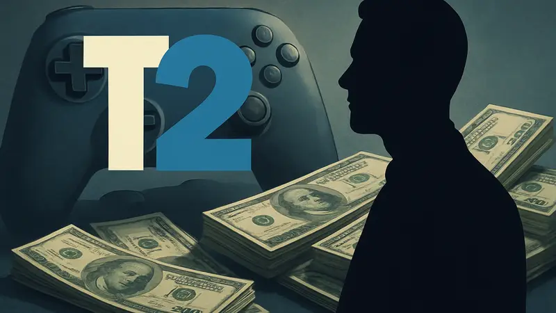 Логотип Take-Two Interactive на фоне игрового контроллера и денег.