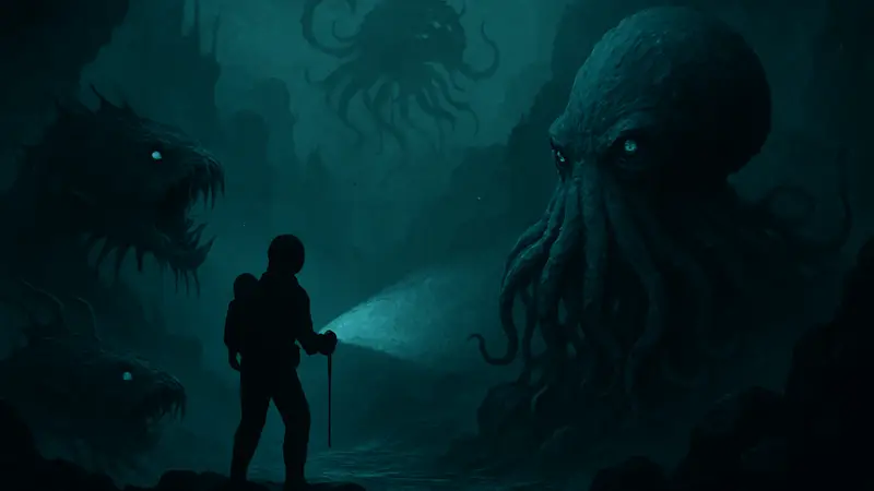 Атмосферный арт из игры DIVE or DIE: Children of Rain с подводными чудовищами в стиле Лавкрафта.
