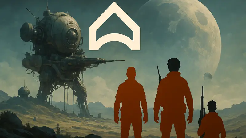Логотип Embark Studios на фоне концепт-арта из игры ARC Raiders с космической тематикой