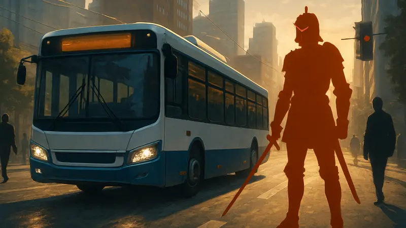 Кадр из трейлера Bus Bound от Saber Interactive, показывающий автобус на городской дороге в динамичном свете.