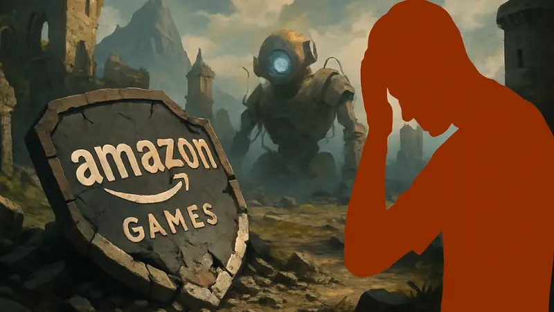 Изображение логотипа Amazon Games или стилизованное изображение неудавшегося игрового проекта с элементами ИИ.