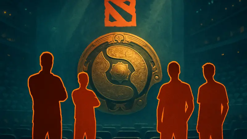 Игроки Dota 2 на фоне логотипа The International, киберспортивные новости