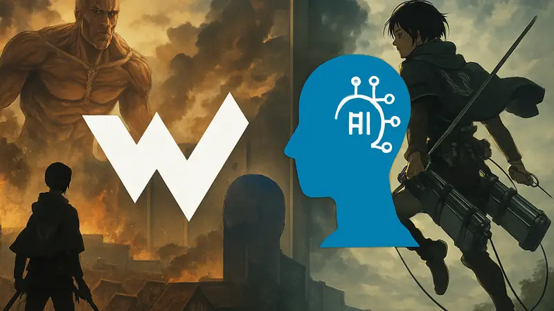 Логотип Wit Studio на фоне кадров из аниме Attack on Titan, символизирующий использование ИИ