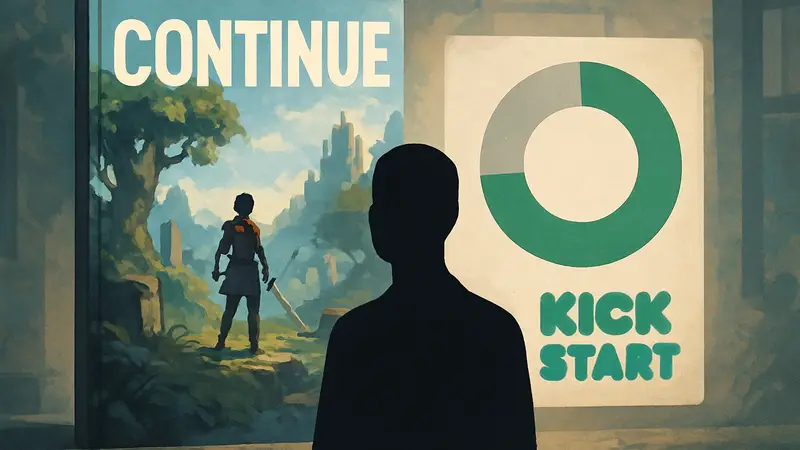 Обложка журнала Continue, логотип Kickstarter и диаграмма сбора средств.