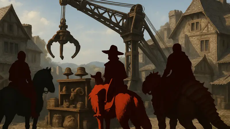 Игроки на маунтах у кран-машины в мире Crimson Desert, демонстрирующей новые предметы декора и шляпы.