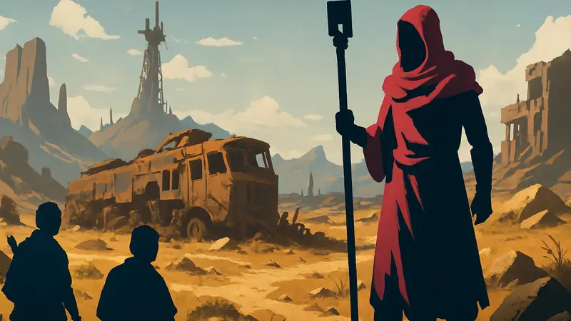 Обложка игры Nowhere Prophet с постапокалиптическим пейзажем и персонажами, вышедшей на мобильных платформах.