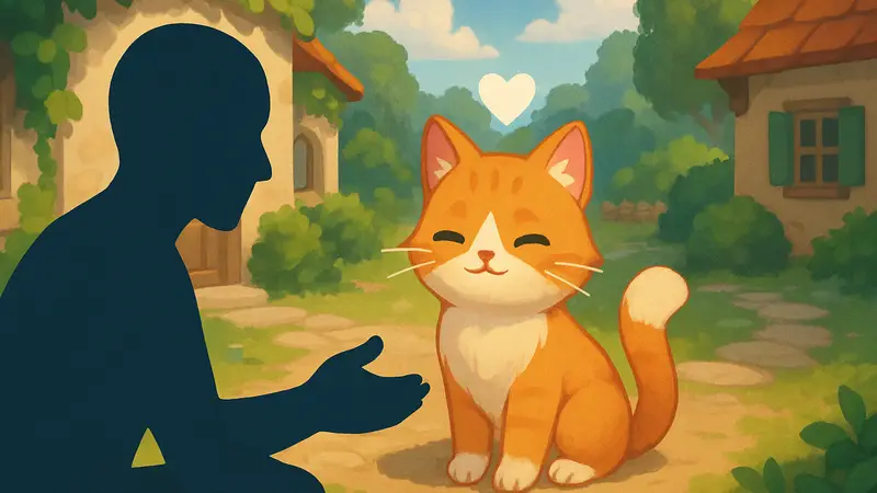 Изображение кота из Heartopia, демонстрирующее процесс усыновления питомца.