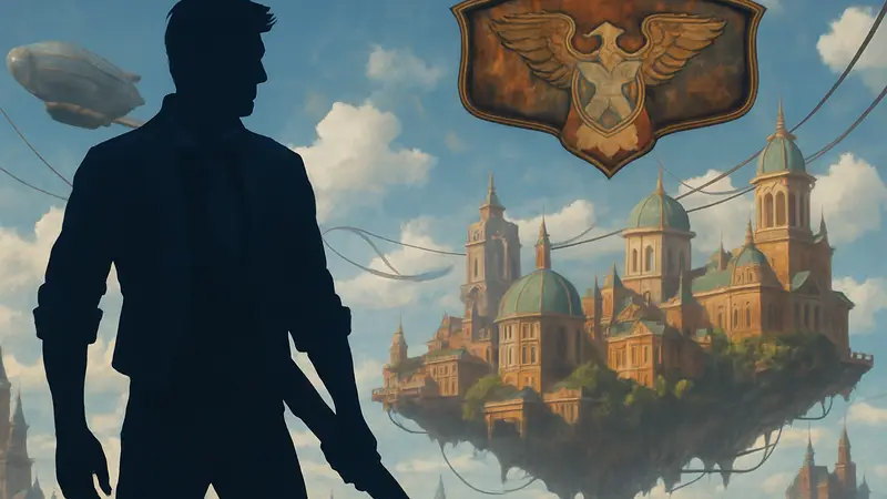 Обложка игры BioShock Infinite, демонстрирующая главного героя Букера Девитта на фоне летающего города Колумбия, с символикой игры.