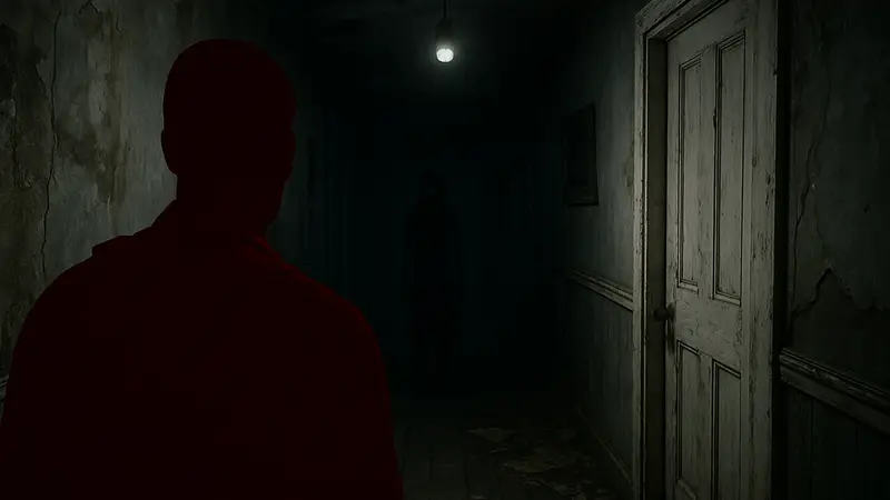 Игровой скриншот Blackwall Live: хоррор от первого лица с бодикамеры, напоминающий P.T. и Outlast.