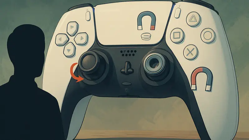 Игровой контроллер DualSense от Sony, демонстрирующий проблемные стики и концепцию магнитных кнопок.