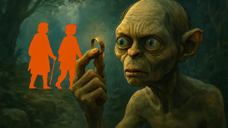 Голлум из Властелина колец смотрит на кольцо, на фоне силуэтов хоббитов