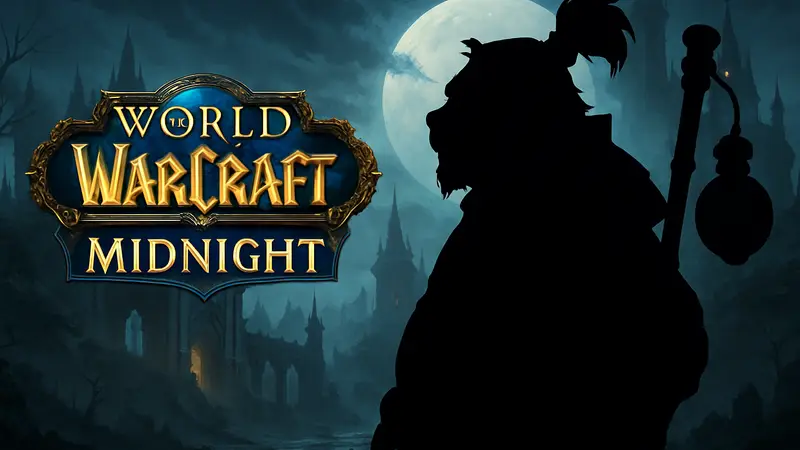 Монах-Хмелевар из World of Warcraft на фоне логотипа аддона Midnight.