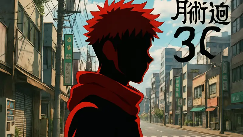 Кадр из аниме Jujutsu Kaisen с главным героем Юджи Итадори и логотипом «Магическая битва 3 сезон».