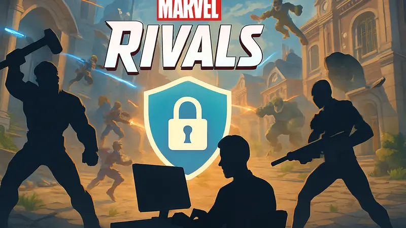 Логотип Marvel Rivals на фоне игрового процесса с элементами античита