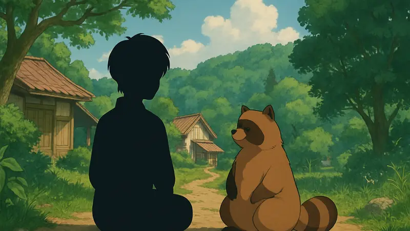 Кадр из аниме «Ты хочешь быть тануки?» с енотом-оборотнем в стиле Studio Ghibli.