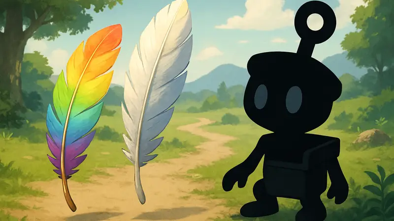 Изображение Радужного и Серебряного пера из игры Pokémon Pokopia, рядом с Покемоном Гиммигаулом.