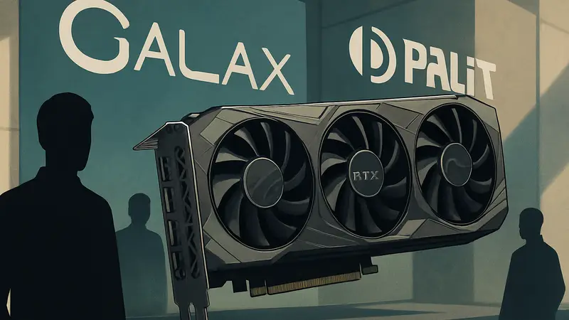 Видеокарта Galax GeForce RTX на фоне логотипов Galax и Palit Group