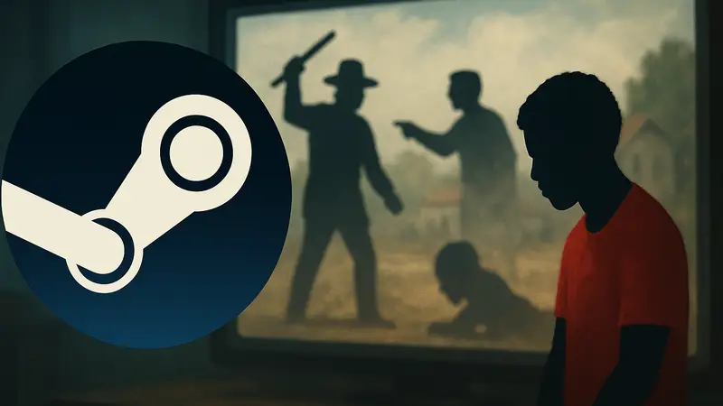 Логотип Steam и размытое изображение расистской игры, вызвавшей скандал.