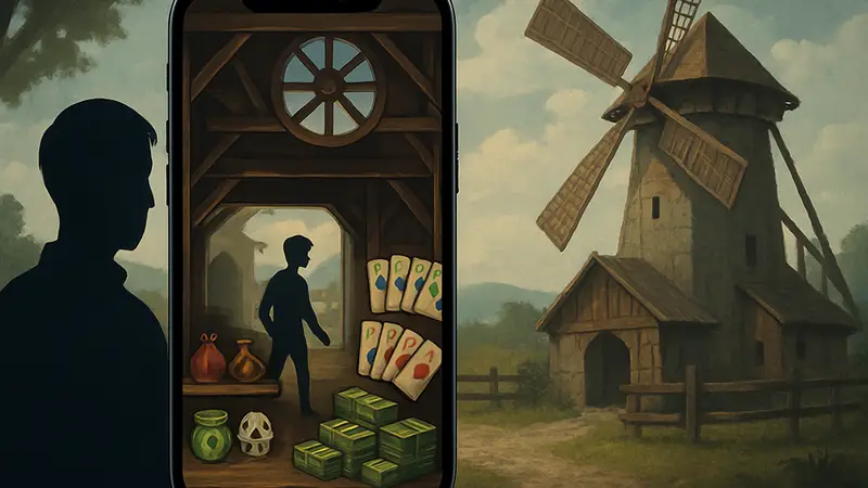 Скриншот игрового процесса Fortune Mill на iPhone с элементами собирательства и денег