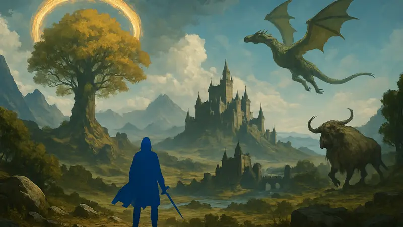 Изображение фэнтези-мира с эпическими пейзажами и мифическими существами