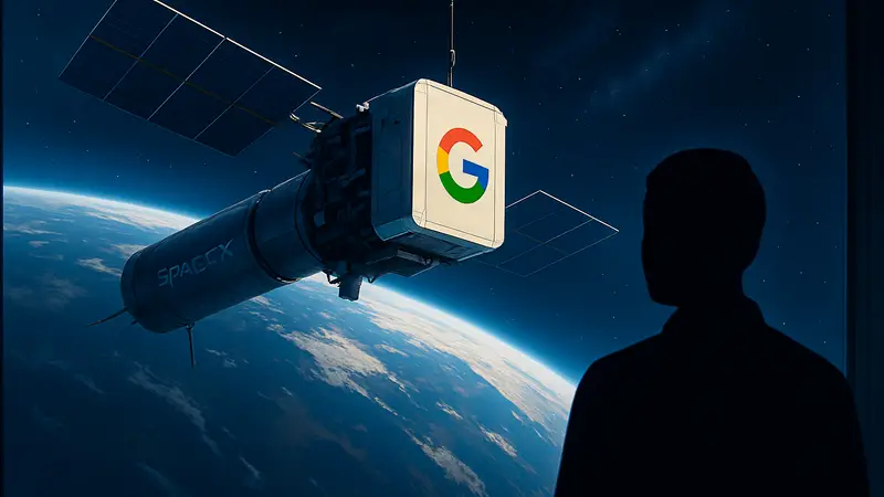 Концепт-арт: спутник SpaceX с логотипом Google на орбите Земли, символизирующий дата-центр.