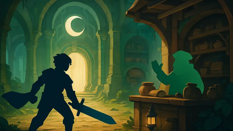 Арт к игре Moonlighter 2 The Endless Vault, герой с мечом и торговец.