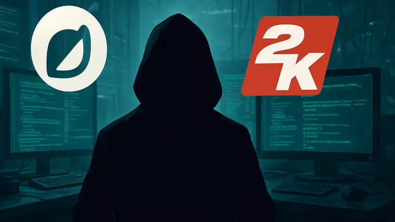 Логотипы Denuvo и 2K Games на фоне изображения хакера.