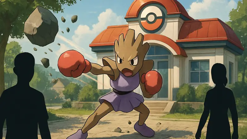 Хитмончан из Pokopia, использующий атаку "Каменная Дробь", на фоне покемон-центра.