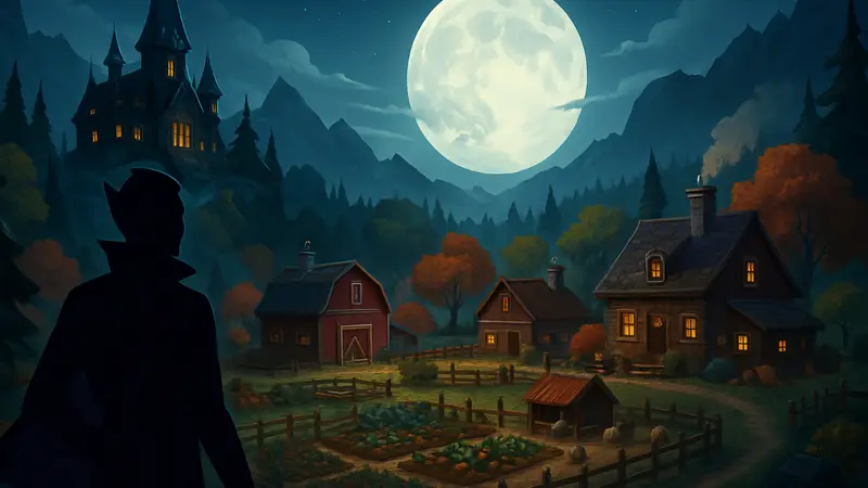 Игровой скриншот Moonlight Peaks с вампирскими элементами и фермой