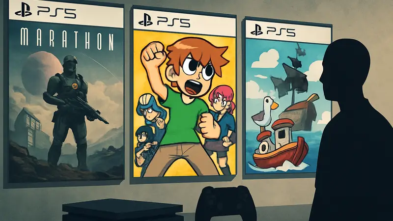 Обложки игр Marathon, Scott Pilgrim EX и Docked!, выходящих на PS5 и PS4 в первую неделю марта.