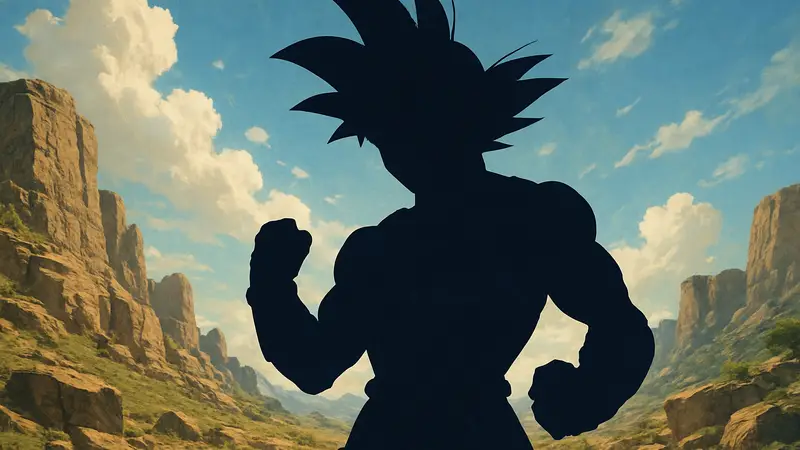 Силуэт Бардока в боевой позе, символизирующий его мощные версии в Dragon Ball.