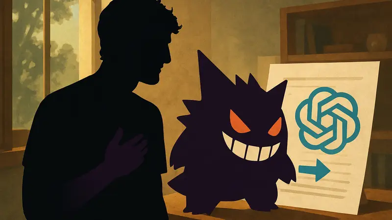 Логан Пол, покемон Генгар и символ ChatGPT, указывающие на искусственность текста