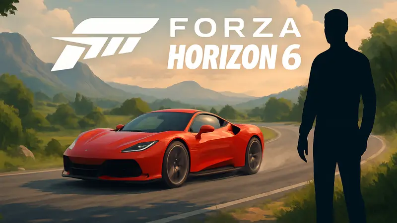 Логотип Forza Horizon 6 на фоне скоростного автомобиля, мчащегося по живописной дороге.
