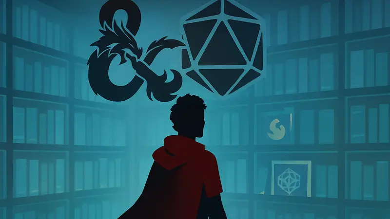 Логотип D&D Beyond и символы Dungeons & Dragons на фоне цифровых книг.