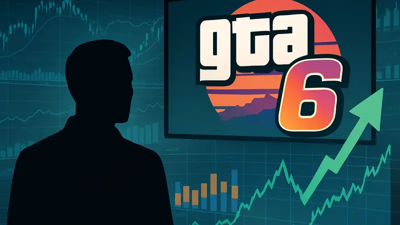 Акции Take-Two Interactive растут на бирже на фоне логотипа GTA 6 и схемы финансового отчета.