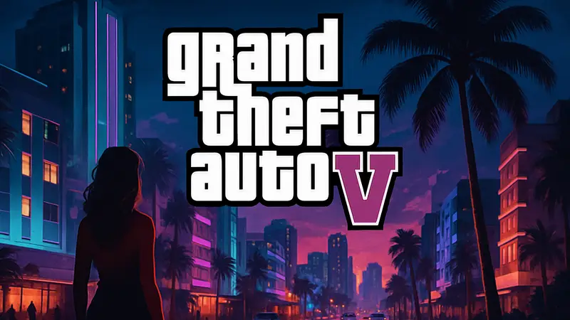 Логотип GTA 6 на фоне неонового города Вайс-Сити, с датой "19 ноября 2026" внизу.