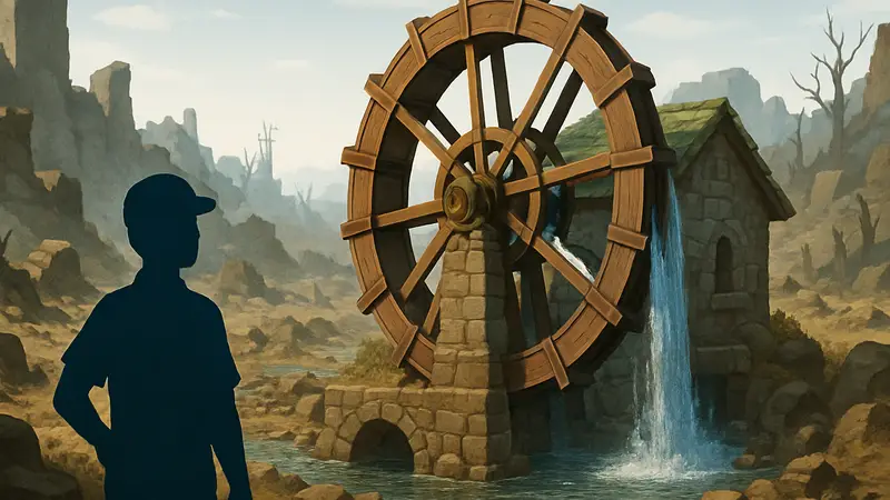 Игровой скриншот Pokopia, демонстрирующий водяное колесо в Withered Wasteland до или после восстановления.