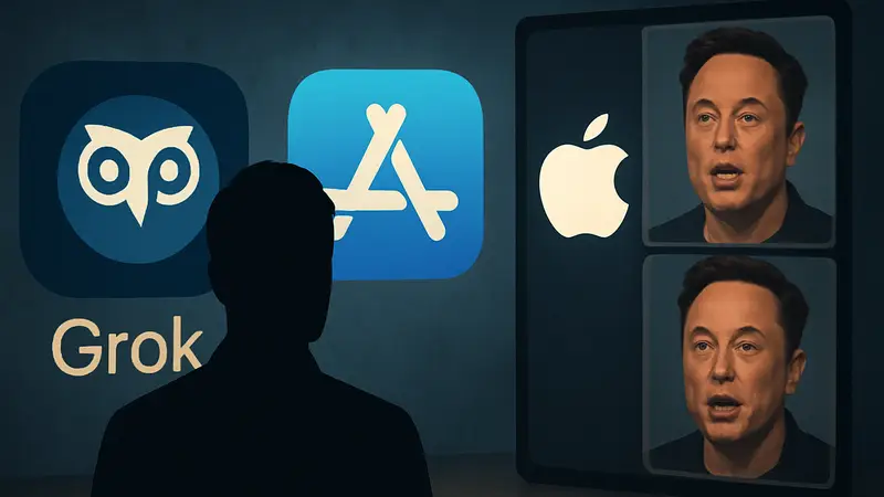 Логотип Grok AI, App Store и Apple, дипфейки Илона Маска