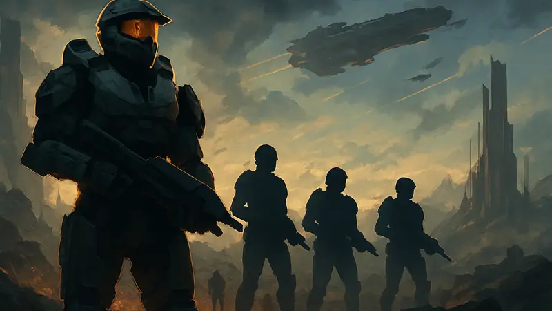 Обложка аудиодрамы Halo: Fall of Reach с изображением Мастера Чифа и Спартанцев.