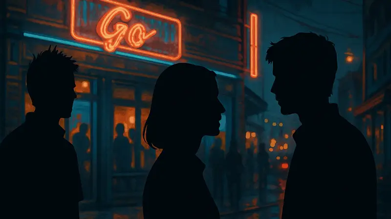 Кадр из фильма «Экстази» (Go) 1999 года, с молодыми актерами и неоновыми огнями.