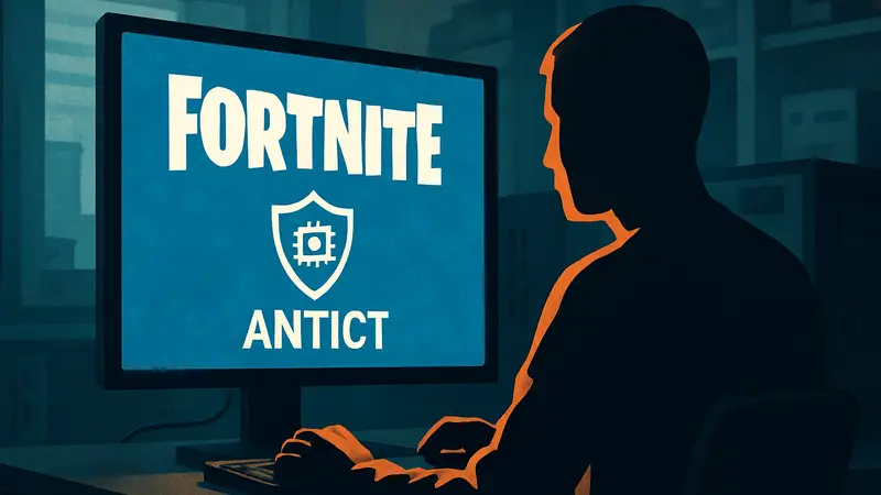 Логотип Fortnite на фоне компьютера с текстом 'Античит'