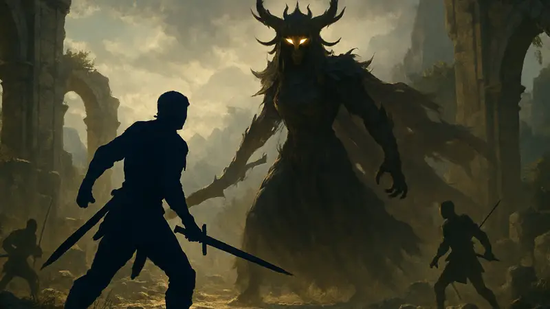 Игровая сцена сражения с финальным боссом Умброй из RPG Crimson Desert, показывающая эпичную битву.