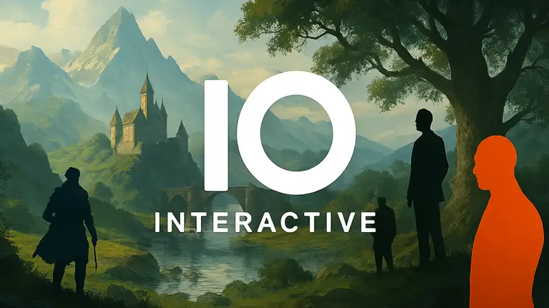 Логотип IO Interactive на фоне концепт-арта Project Fantasy или стилизованное изображение, связанное с играми Hitman или James Bond.