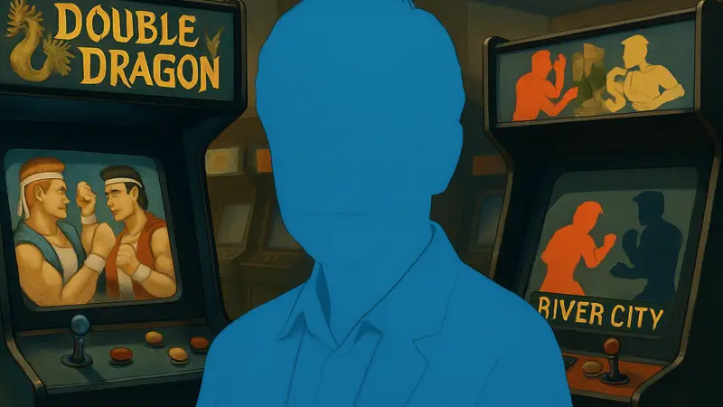 Портрет Йосихисы Кисимото, создателя Double Dragon, на фоне аркадных автоматов.