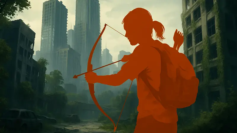 Скриншот из The Last of Us Part 2, Элли с луком на фоне разрушенного города