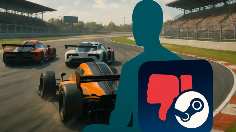 Скриншот Project Motor Racing, демонстрирующий игровой процесс и низкий рейтинг в Steam