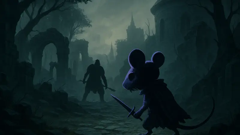 Скриншот игрового процесса Mouseward с неживым мышонком и мрачной атмосферой.