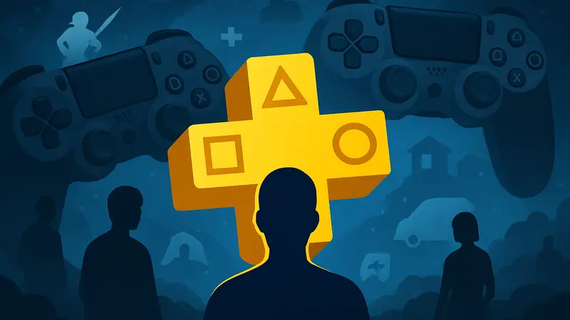 Логотип PlayStation Plus на фоне геймпадов и иконок игр, символизирующий ожидания от июньской подборки 2026 года.