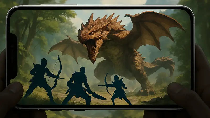 Изображение Monster Hunter Outlanders: охотники сражаются с огромным монстром на мобильном устройстве.